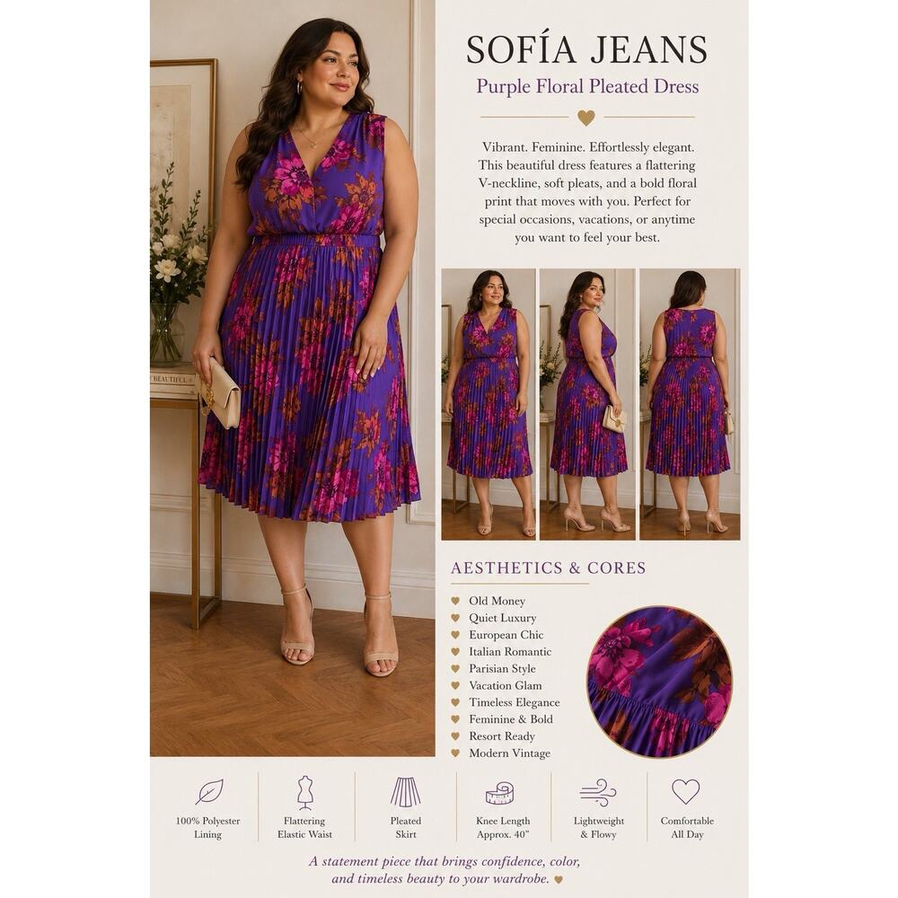 sofia by sofia vergara Purple Floral Pleated Midi Dress